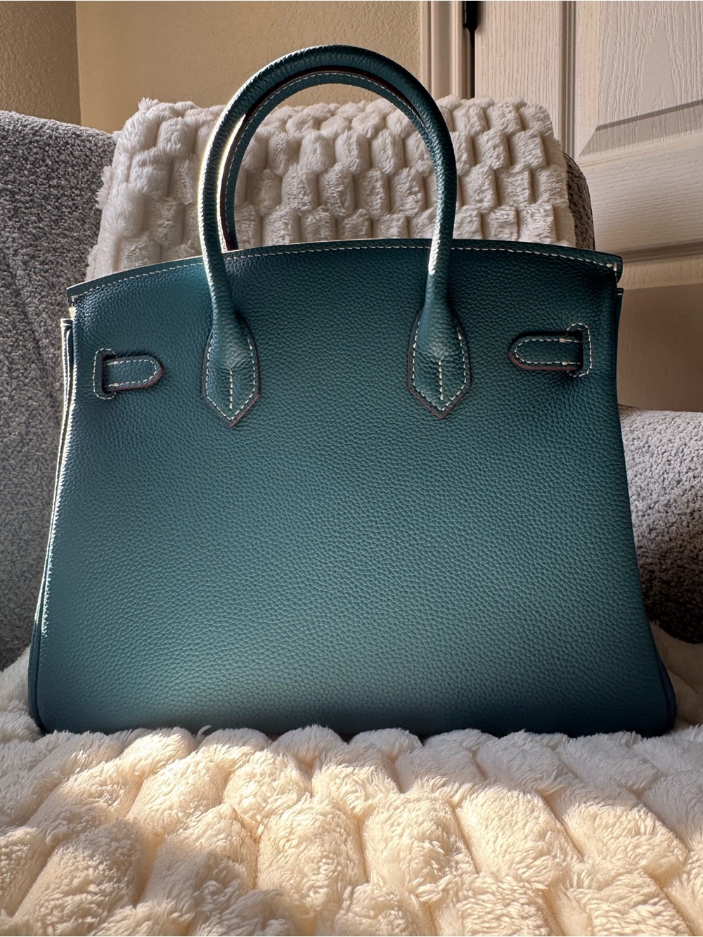 30 cm Elegant Teal Leather Top-Handle Bag - Picture 5 of 8